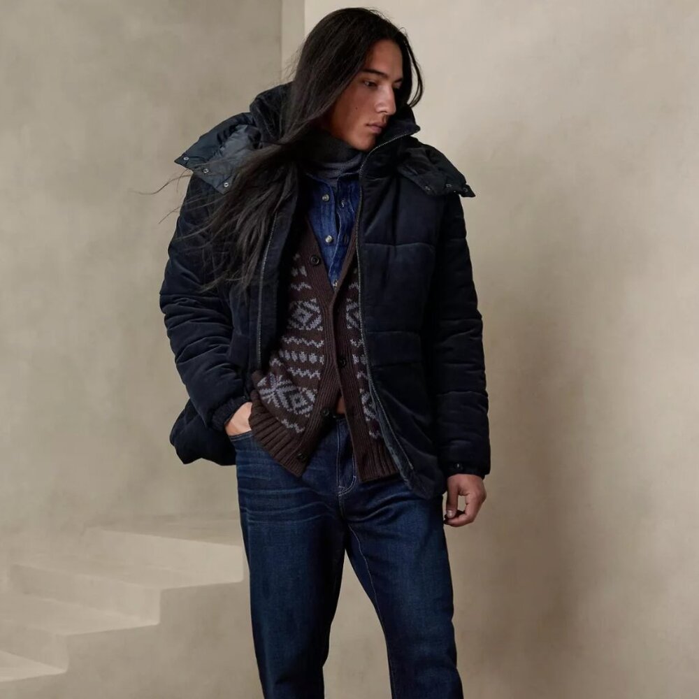 NWOT Banana Republic Men's Corduroy Puffer Lined Coat Jacket Navy Blue